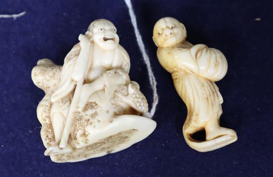 A 19th century Japanese ivory netsuke of Gama Sennin, unsigned, and a similar netsuke of a rakan, signed.